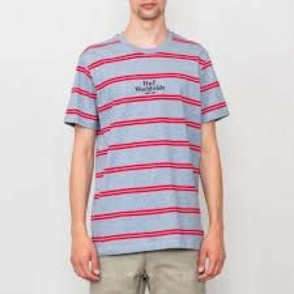 HUF Worldwide Since 2002 Gray Red Striped Short Sleeve Embroidered Logo T-Shirt